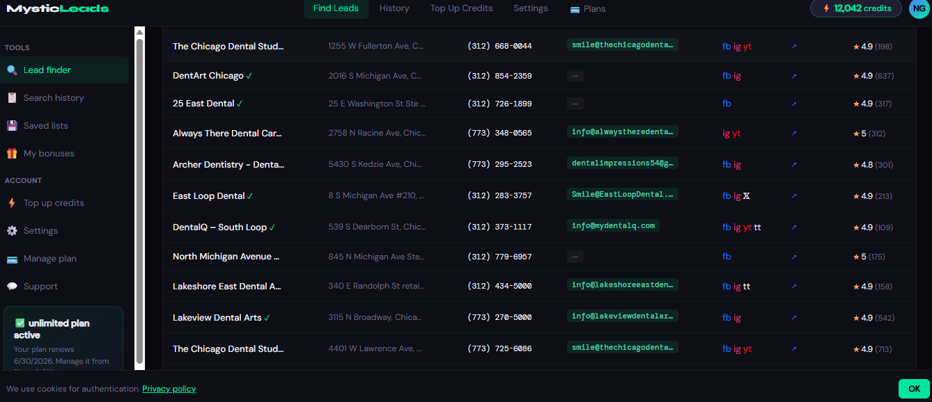 MysticLeads dashboard shown on the product page